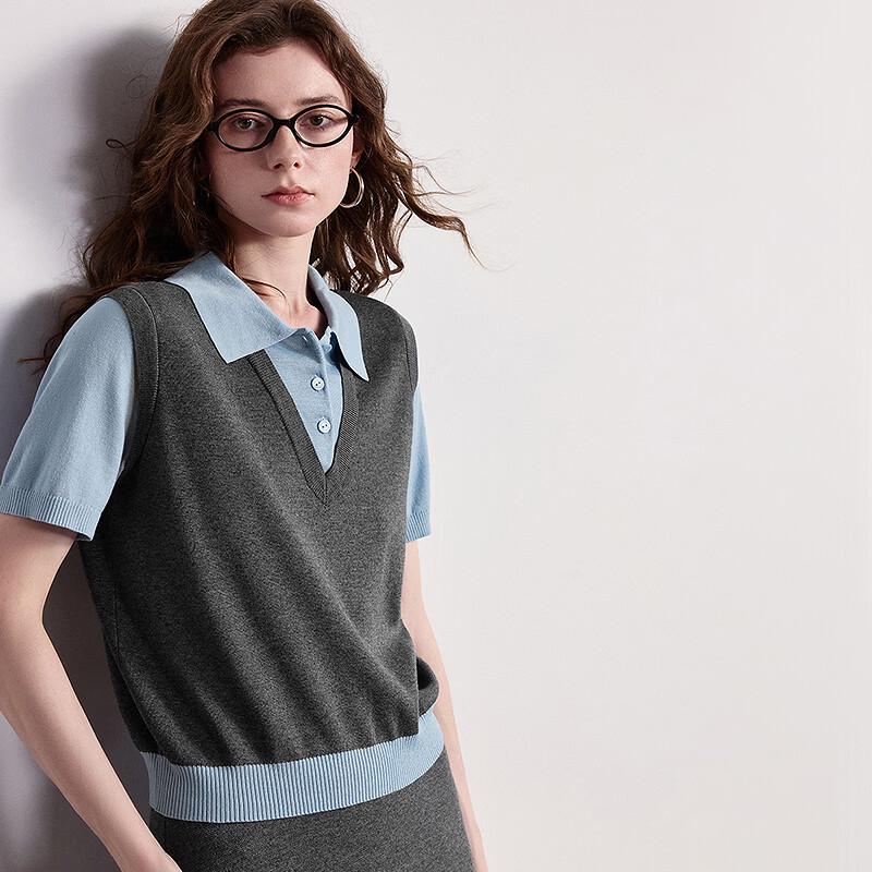 Chuyu Women's Lyocell Color-Block Faux Two-Piece Knit Top