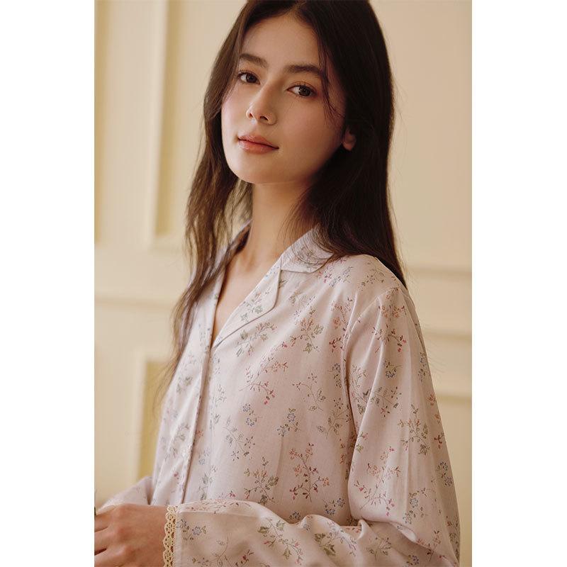 Summer New Women's Skin-friendly and Comfortable Tencel Cotton Small Floral Lace Edge Lapel Short-sleeved Trousers Loungewear Set