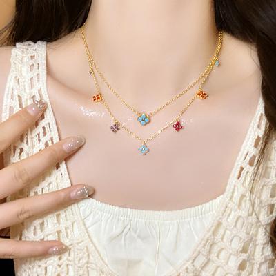 Lucky Clover Necklace French Light Luxury Stacked Collarbone Chain Color Dopamine Stud Earrings Diamond Bracelet Set Women