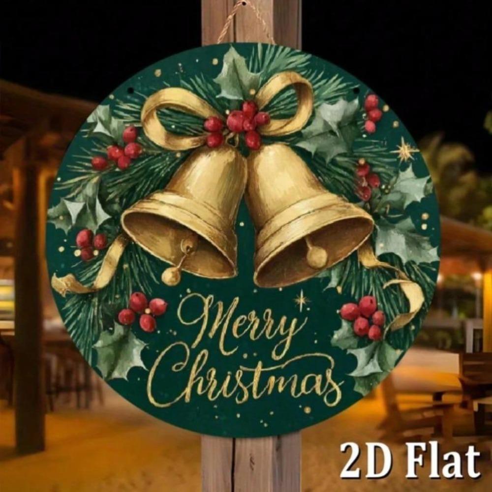 Metal Wall Art Vintage Christmas Bells Sign Golden Holly Dark Green Decor
