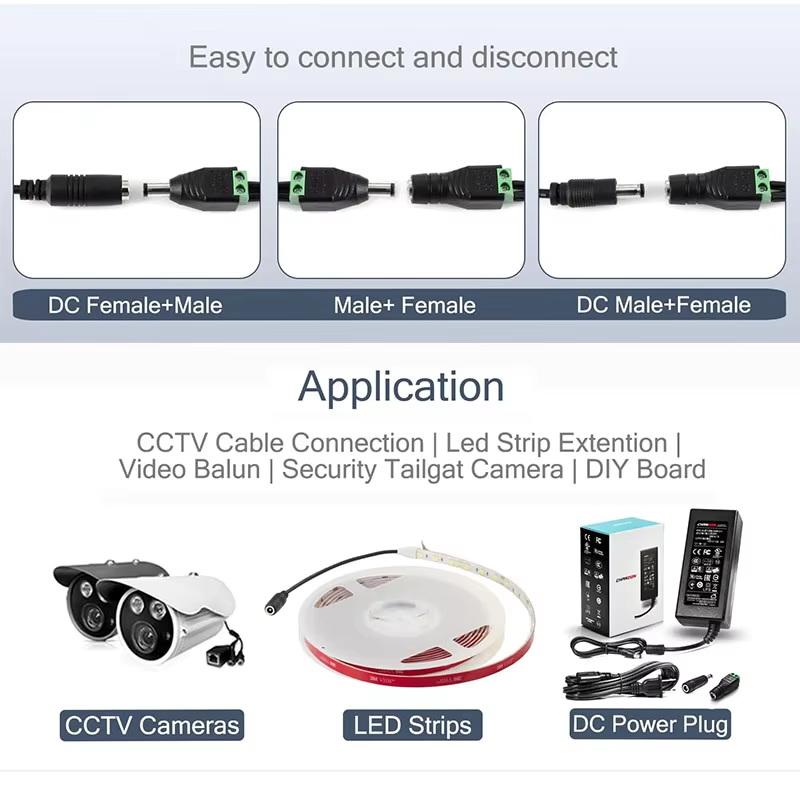 No Soldering Male Female Camera Monitoring Video Cable Plug Connector for Home Security Camera Cabling Installation