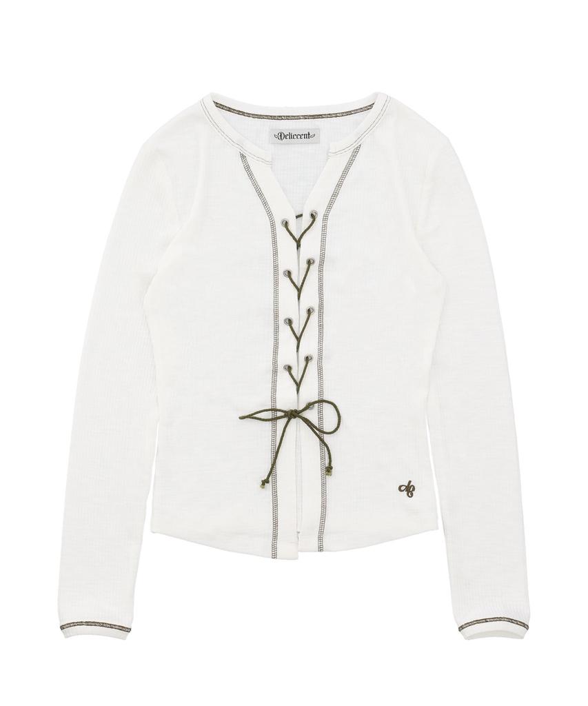 DELICCENT Color Block Lace-Up T-Shirt [Ivory]