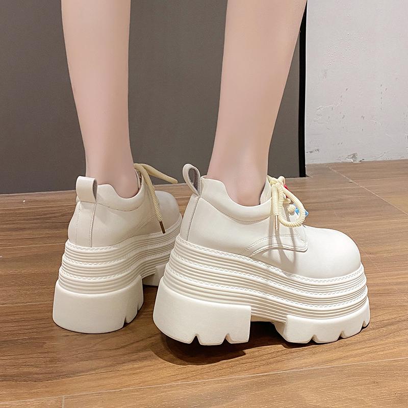 Fashion 10CM New Spring Women Platform Casual Shoes Loafers Lace-up Chunky Sneakers High Heels Thick Bottoms Cute Kawaii Leather Shoes