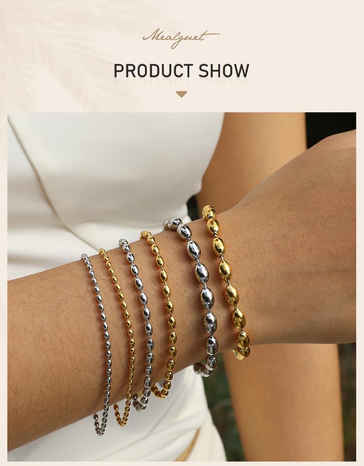 2mm-5mm Oval Beaded Bracelet Stackable,18k Gold Plated Stainless Steel Chain Bangle for Women