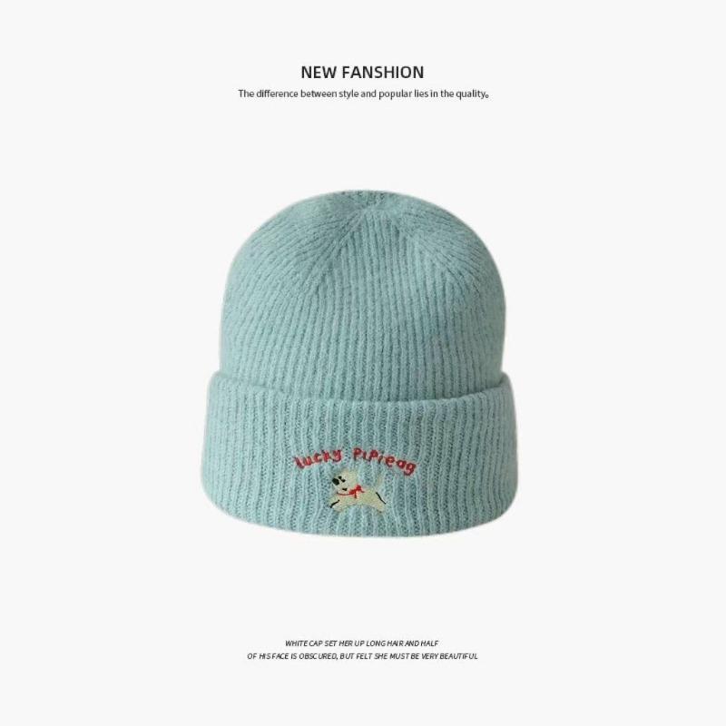 Cute Puppy Embroidered Knitted Wool Hat Women's New Autumn and Winter Face Small Versatile Big Head Circumference Hat