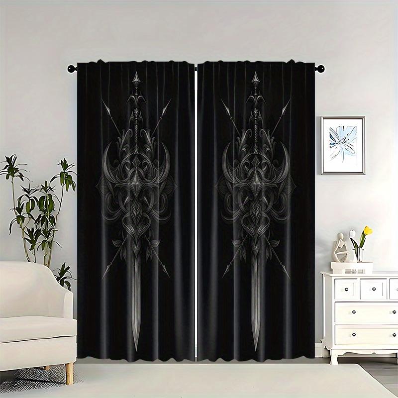 2PCS Blackout Curtains Dark Sword Print Polyester Rod Pocket Top for Bedroom Office Living Room Home Decor