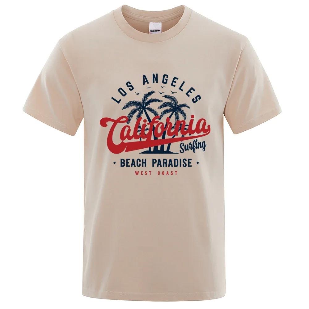 Camiseta de algodão gola redonda maskulina, topy de verão, roupas respiráveis, Los Angeles California Beach Paradise Fashion