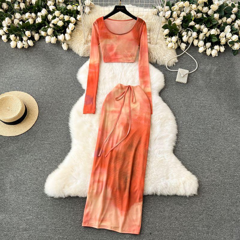 

Early Spring Wear Stylish Asymmetrical Smudges Long Sleeves Tops Crop Top Easiest for Match High Waist Skirt Two-piece Set Women s Dress Suit S