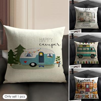 Happy Camping Rv Camper Car Cushion Cover Natural Linen Organic Fabric Double-Sided Printing Sofa Home Decor Gift Pillow Case