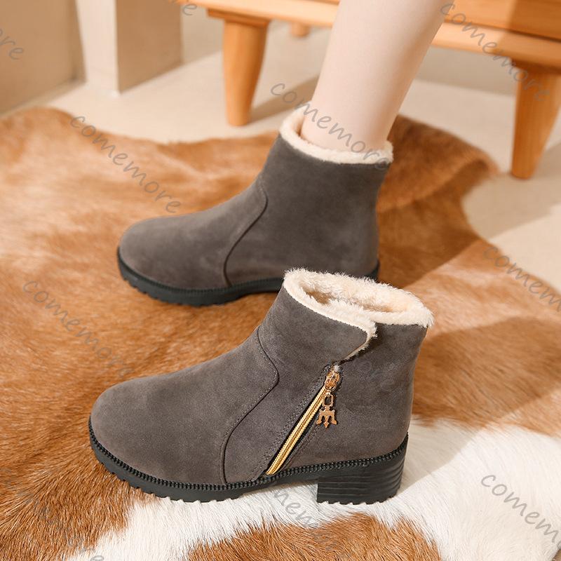 Comemore Winter New Square Heel Cotton Boots Round Toe Suede Padded Warm Snow Botas Casual Side Zipper Platform Booties