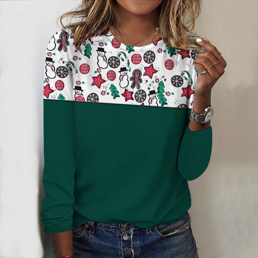 Tops For Women Christmas Tree Print Round Neck Long Sleeve T-shirt Fall Casual Slim Pullover Women's Long Sleeve Top