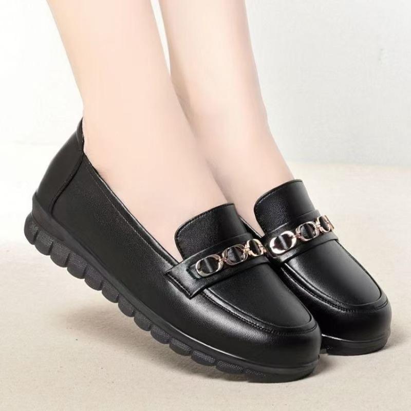 

Женская обувь на плоской подошве для женщин среднего возраста туфли одинарные весна-осень нескользящие туфли на мягкой подошве кожаная обувь 41 чёрный