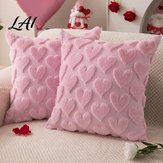 Soft Plush Cushion Cases Throw Pillow Cover Heart Embroidery Case with 3D Bowknot Jacquard Decorative Pillows for Anniversary Fluffy Couch