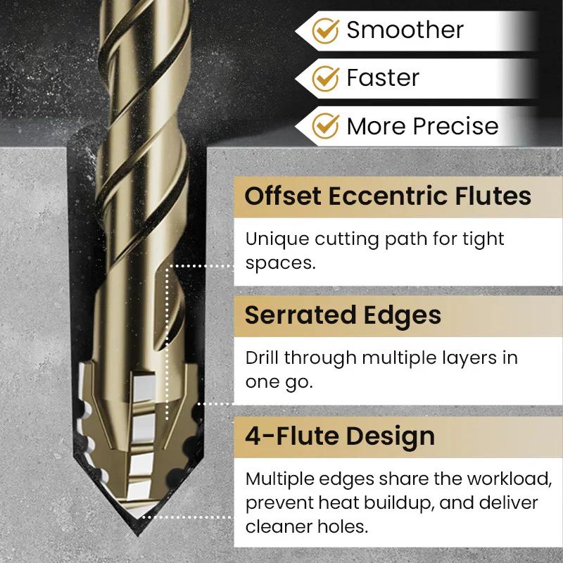High-Strength 4-Flute Serrated Eccentric Drill Bit Dry Drilling For Ceramic Tile/Glass/Marble Concrete Hex Skewed Head Drill Bit