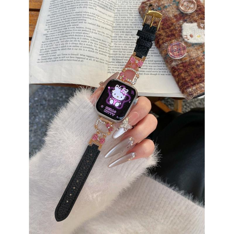 

Милий Киця Hello Kitty Шкіряний Ремінець Для Iwatch10 Apple Watch Applewatch987Se self-test 14mm чорний