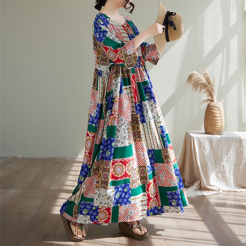 DIMANAF Plus Size 2025 Women Summer Short Sleeve Dress Basic Casual Loose Vintage Printing Long Dress New
