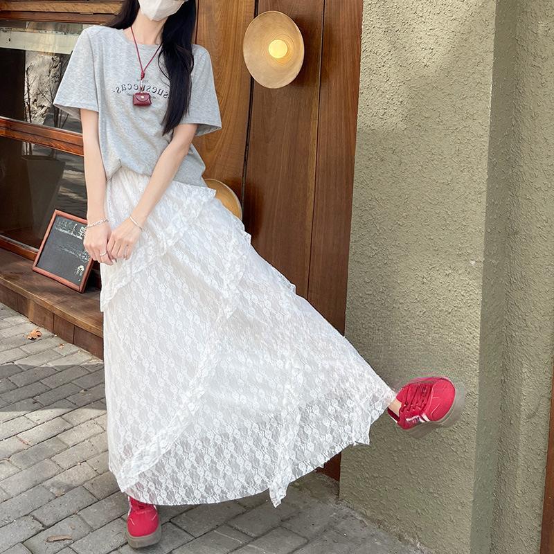 Damen Sommer Weiß Vintage Patchwork Köper Spitze Halbrock Elastischer Bund Schlankmachender Tüll A-Linie Langer Kuchenrock