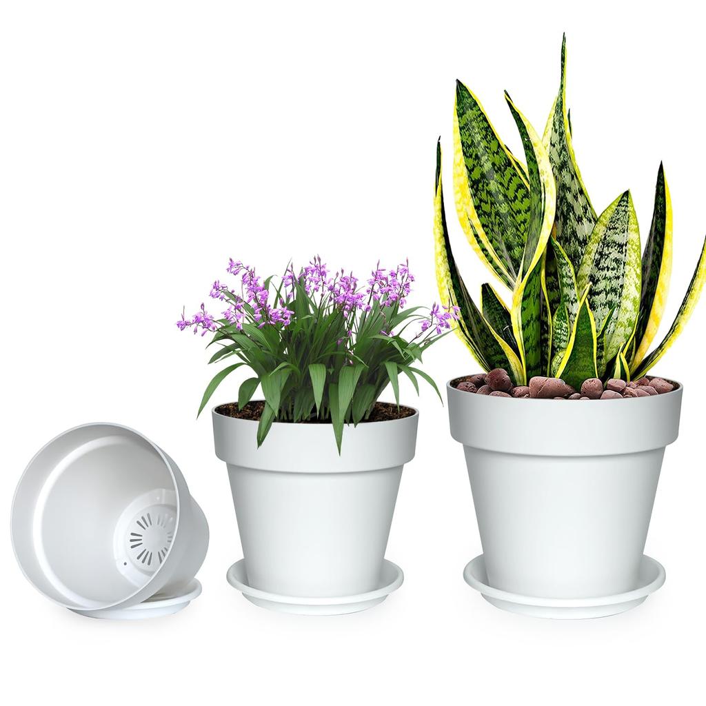 RooTrimmer Set of Pots with Stylish Agave Succulent Plant Plastic Pot with Drain Hole for Houseplants 7 3-Piece Saucers, Planter, Pot, (No. No. 7.5