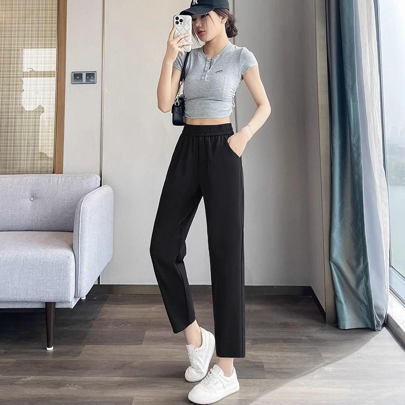 Women's Ice Silk 3/4 Length High-Waisted Harem Carrot Pants - Versatile & Thin