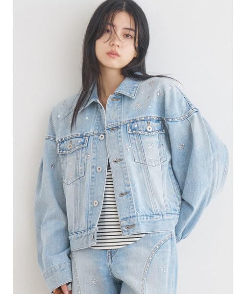 Lily Brown Beaded Studs Denim Jacket LWFJ251803 LBLU Free Size Women's