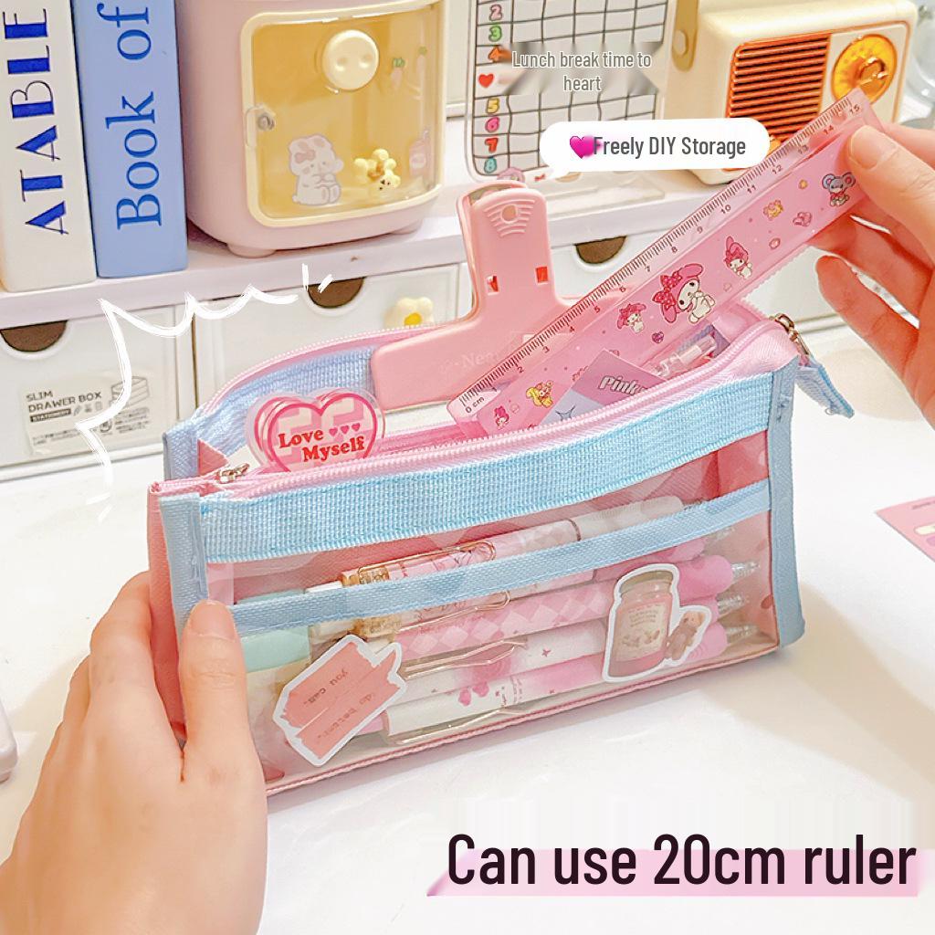 Dopamine Color Block Transparent Pencil Case: Multi-Layer Patchwork Design for Students
