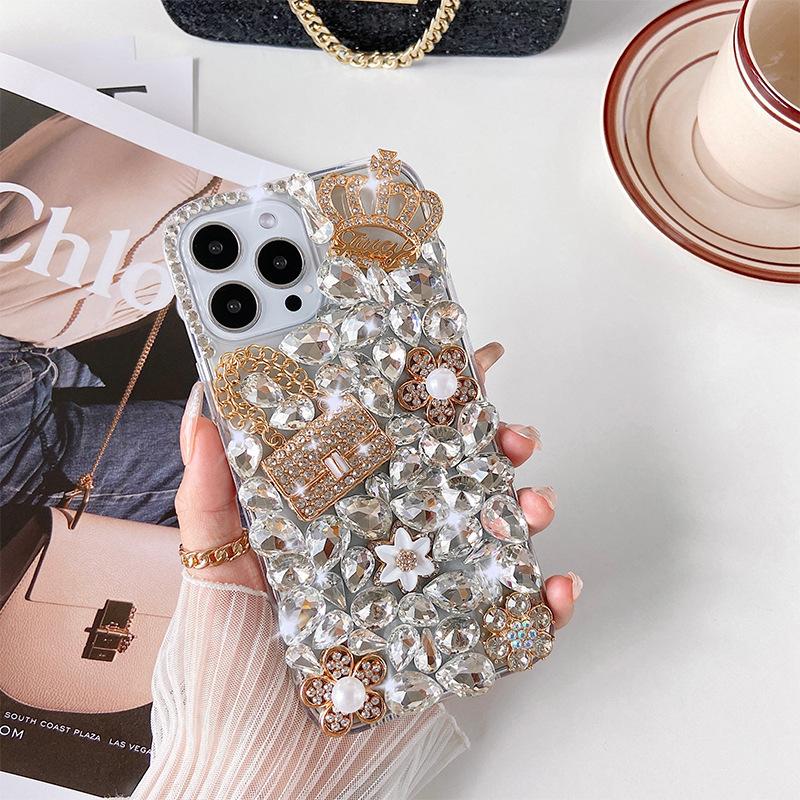 For Apple 17/ for IPhone15/14/XR Japanese and Korean Mobile Phone Case Luxury Rhinestone Pearl Flower Crown 13Pro