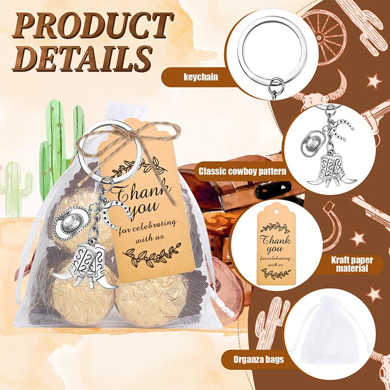 24 Set Cowboy Western Party Favors Cowboy Keychain Hat Boot Horse Shoe Keyring With Organza Bags Thank You Tags And Rope