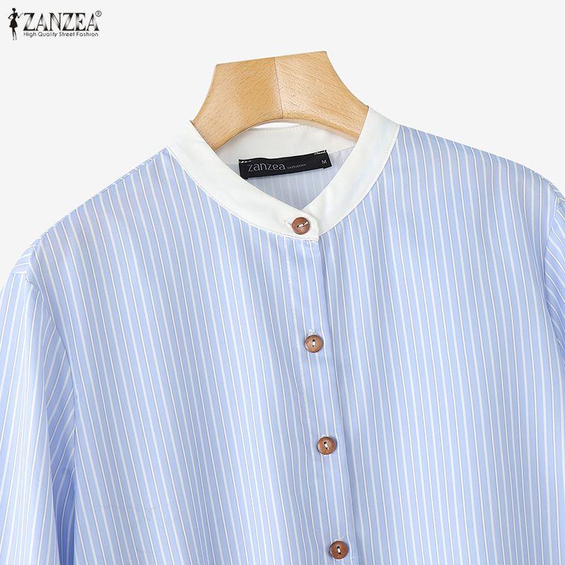 ZANZEA Women Casual Round Neck Long Sleeve Lace Splice Stripe Blouse