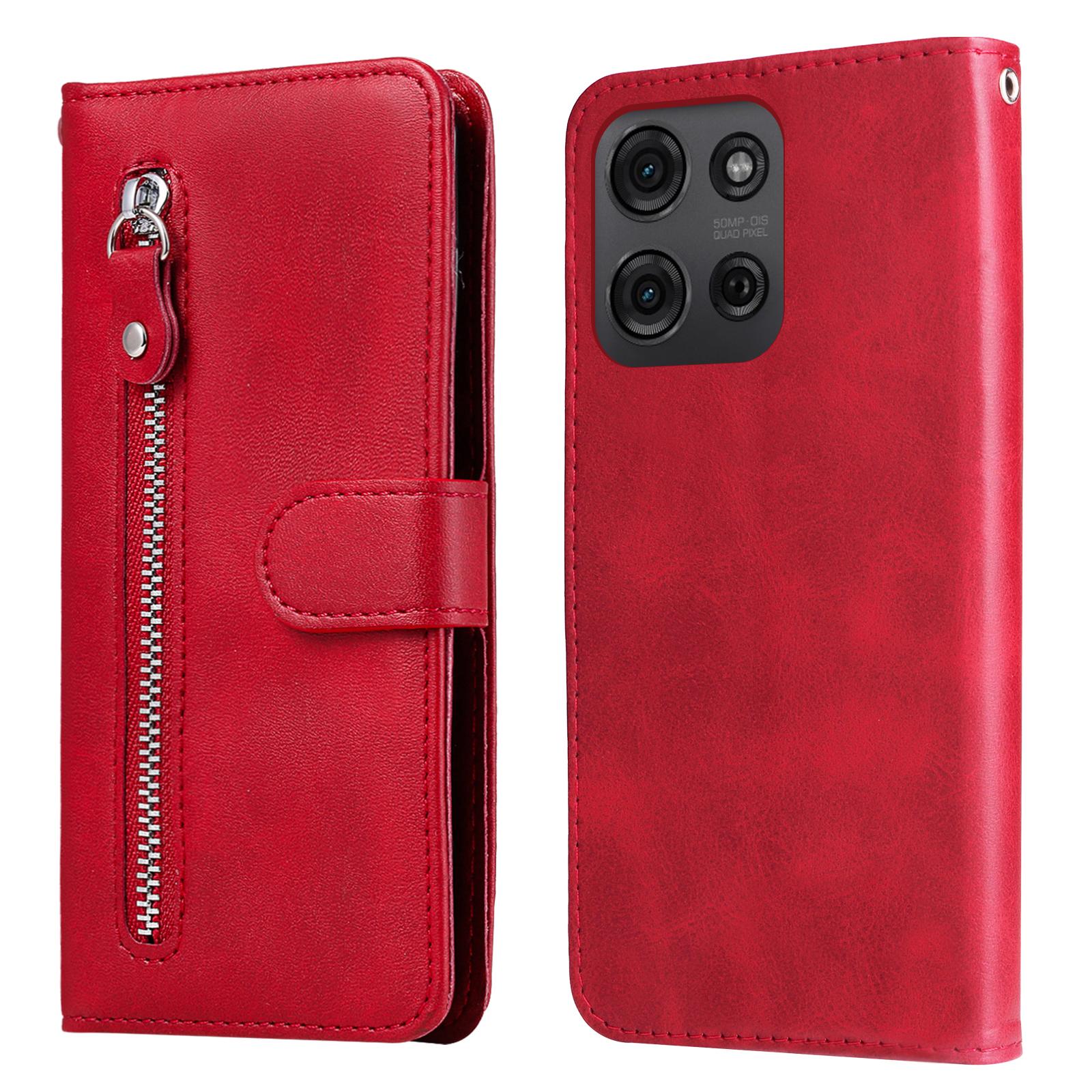 

For Motorola Moto G75 5G Case Zipper Wallet Calf Texture PU Leather Phone Cover Red