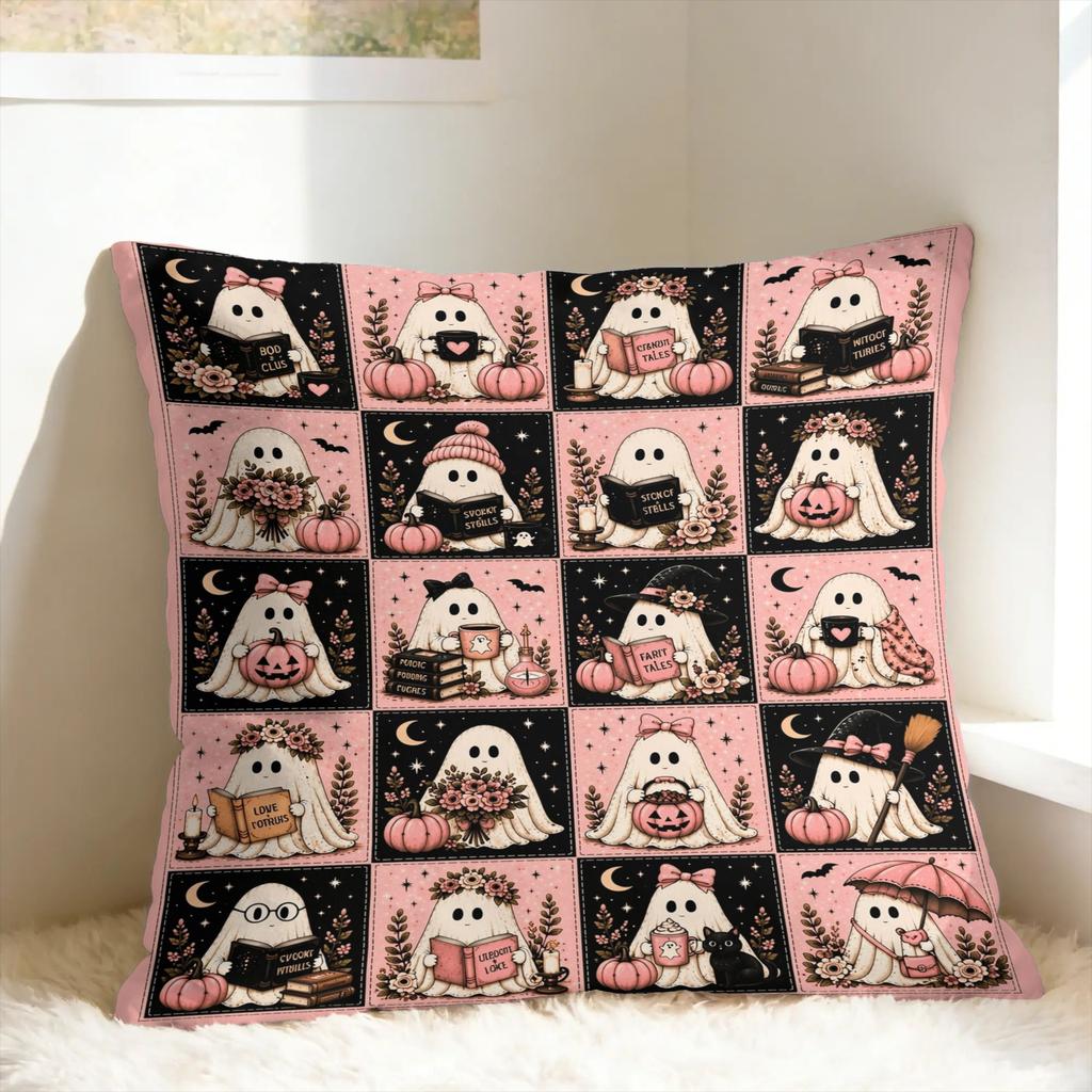 Pink Coquette Ghost Halloween Pillowcases Retro Trendy Pillow Case For Sofa Car Home Decor Comfy Pillow Cover