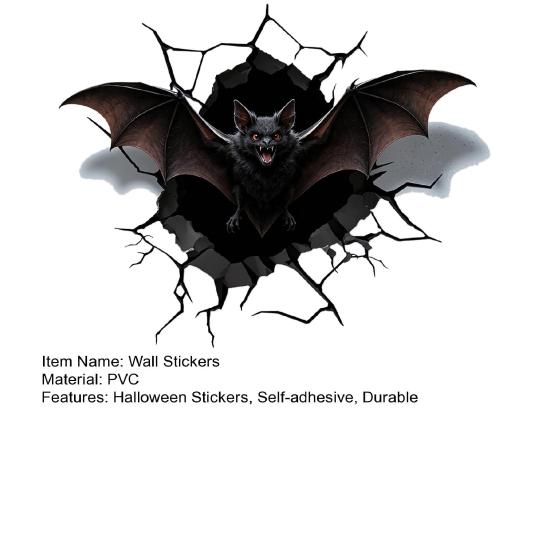 Yousheng Halloween Bat Wall Stickers, 3D Wall Crack Decals, No Residue Easy Removal Wall Art for Indoor Outdoor Halloween