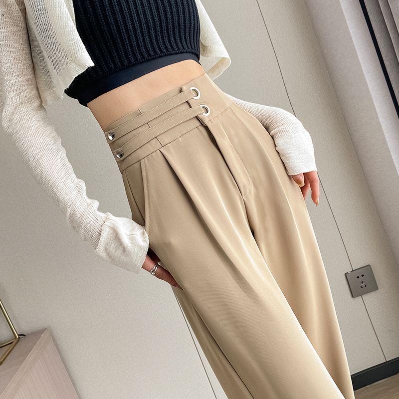 Khaki Women's High Waist Wide Leg Ice Silk Pants - Slim Fit, Floor Length, Casual Suit Style