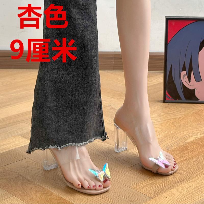 

Прозрачные туфли на высоком каблуке женские летние новые с бантом на носке хрустальный каблук квадратный носок толстый каблук уличная обувь крутые шлепанцы 40