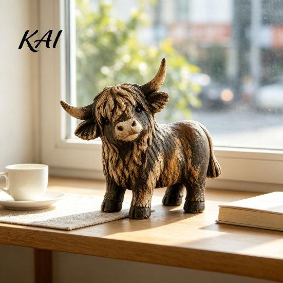 Retro Resin Animal Sculptures Farmhouse Highland Cow Figurine, Scottish Bull Statue, Rustic Chic Theme Room Decor Tabletop Ornament, Country