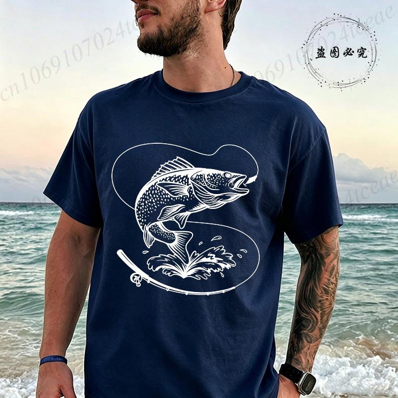 Retro Fish Fishing Print T-shirt Men Summer Breathable Tee T-Shirts Beach Vacation Casual Shirts Fisherman Gift Oversized Tops