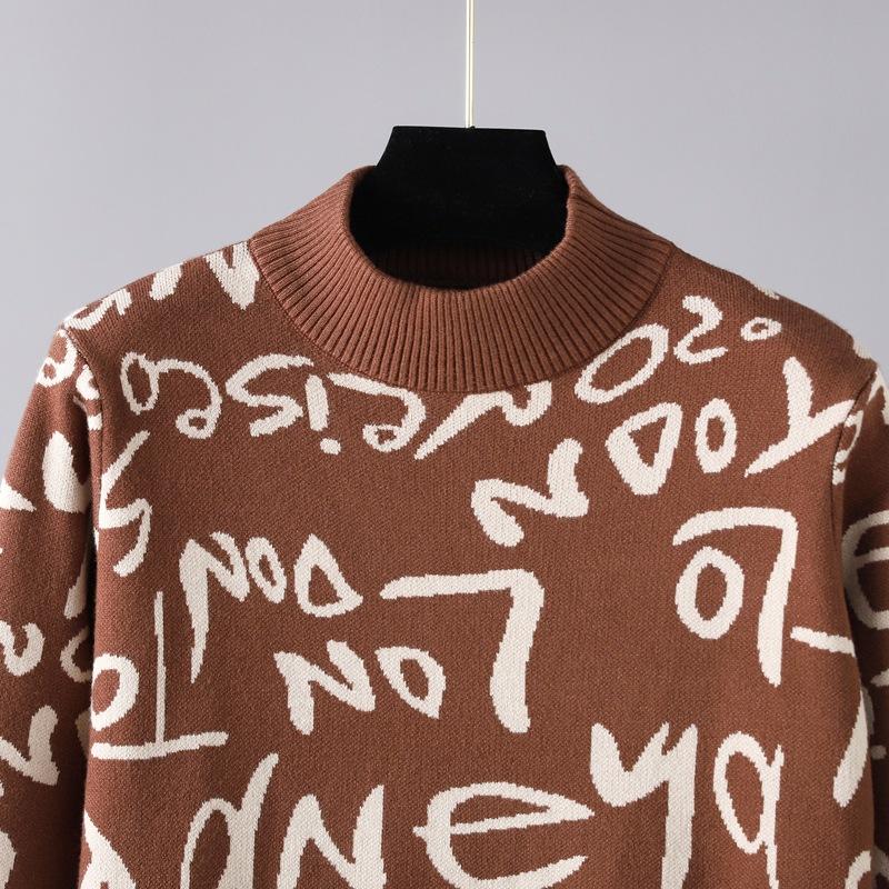 Autumn Winter Women High Neck Vintage Knitted Pullover Long Sleeve Letter Graffiti Sweater Dress