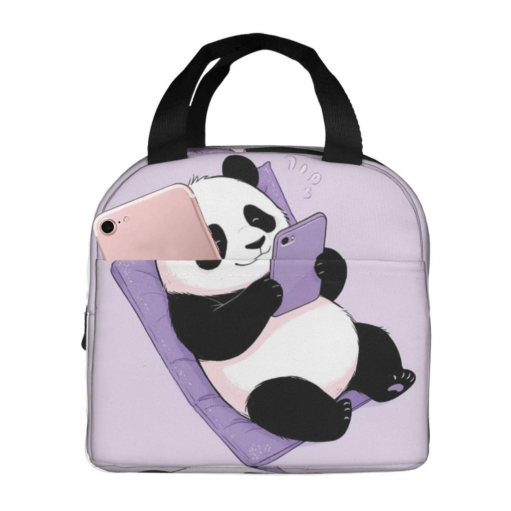 Cartoon Panda Playing With Mobile Phone Insulated Lunch Bag for Women Kids Portable Food Boxes Thermal Lunch Box Tote