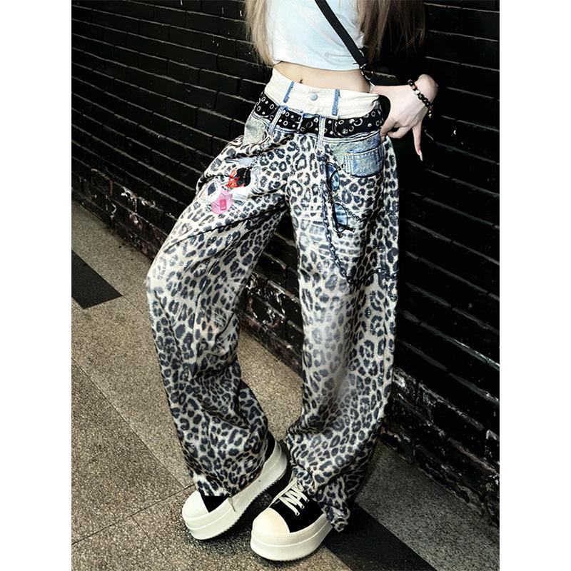 Customized Unisex Leopard Print High-Waist Denim Pants with Double Waistband and Slimming Straight Legs