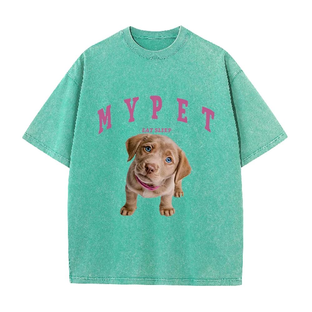 2026 Vintage Washed Black Cute Labrador Puppy My Pet Letter Graphic T Shirt Animal Print Oversized Casual Short Sleeve Tee