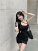 Summer New Little Black Skirt, Spaghetti Strap Hollow Dress, Spicy Girl Slimming Design Hip-hugging Short Skirt for Women
