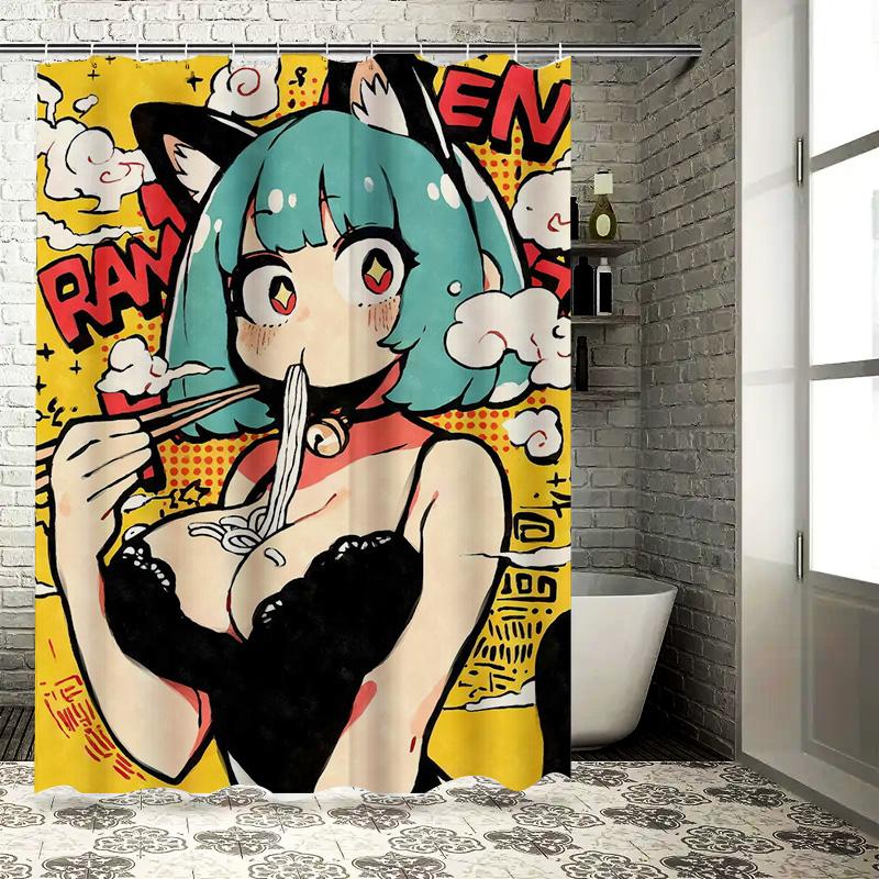 Vibrant Pop Art Shower Curtain featuring Anime Girl with Chopsticks High-Quality Print for Bathroom Decor