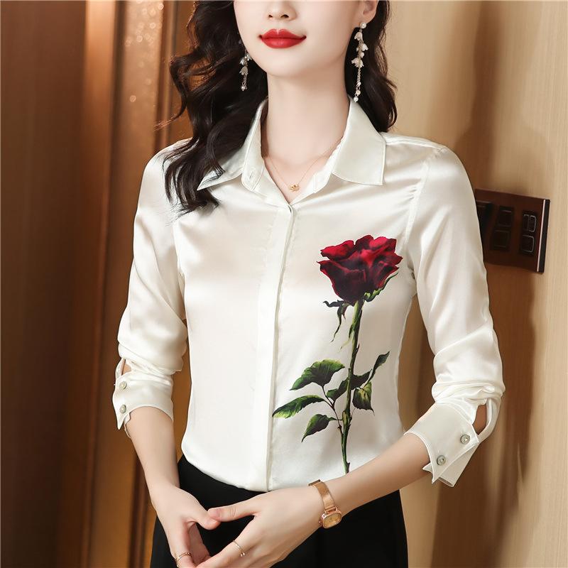

Spring Women Blouse Silk Shirts Office Ladies Floral Shirts Fashion Printed Tops 4XL білий