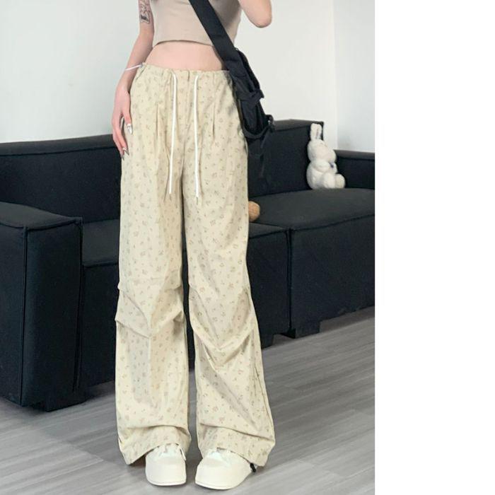 

Женский комбинезон с цветочным принтом, высокой талией и широкими штанинами - Летние повседневные универсальные брюки (белый) Large хаки