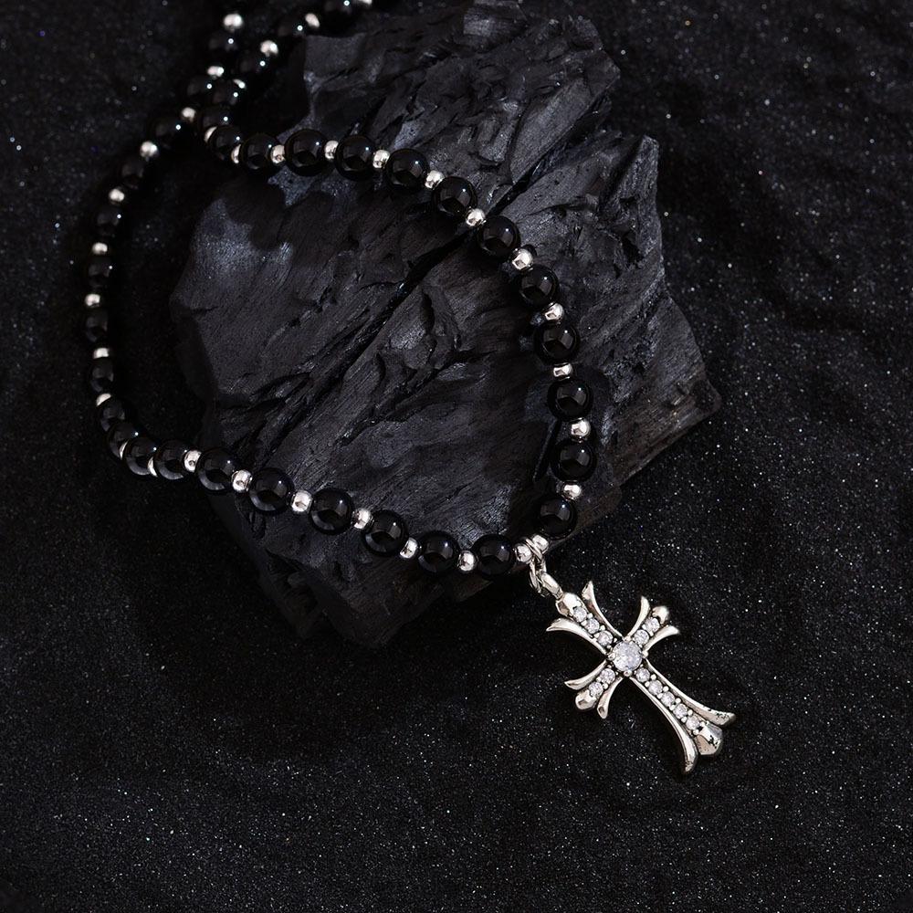 Niche Trendy Brand Black Beaded Zircon Cross Pendant Necklace Female Retro Hip Hop Punk Style Sweater Chain Accessories