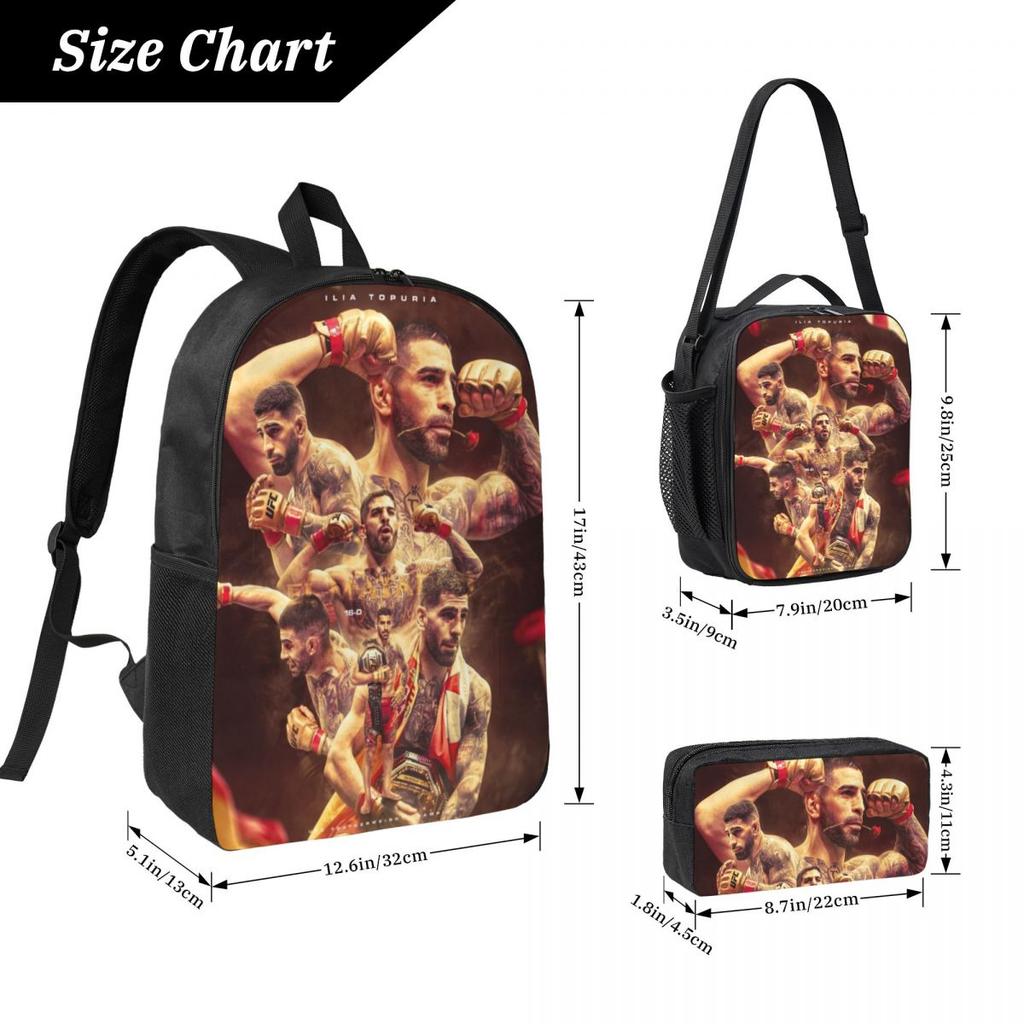Set Zaino 3 Pezzi Ilia Topuria Wrestling Wrestler per Ragazzo Ragazza Sacche Portapenne Set Zaini con Portapranzo Per Studenti Scolastici Daypack
