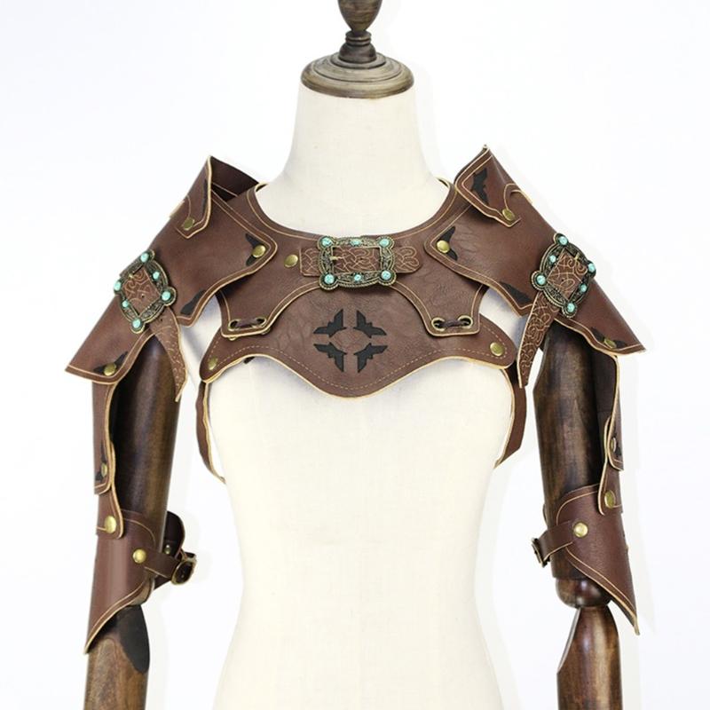 Medieval Faux PU Leathers Costume Armour Halloween Cosplay Warrior Armors Shoulder Armour, Double Shoulder Guard Harness