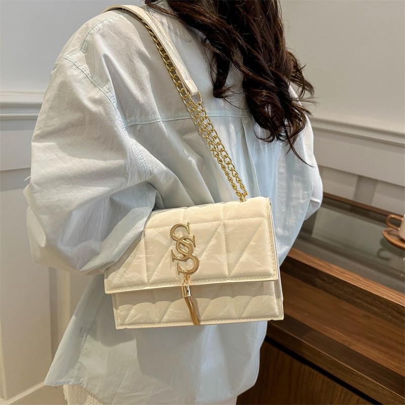 Summer Chain Simple Embroidery Thread Solid Color Trendy Casual Retro New One-shoulder Crossbody Small Square Bag for Women