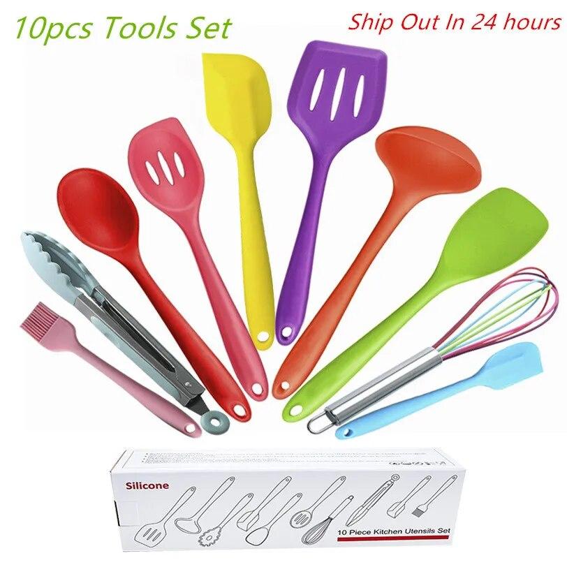10 Pcs Non-stick Silicone Utensils Set Turner Tongs Spatula Soup Spoon Shovel Oil Brush Cooking Tools Set Kitchen Gadgets Items