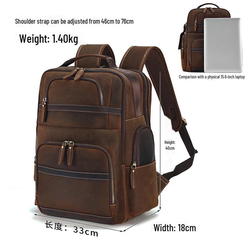 Men's Large Genuine Leather Crazy Horse Backpack - High-Capacity, Business Casual