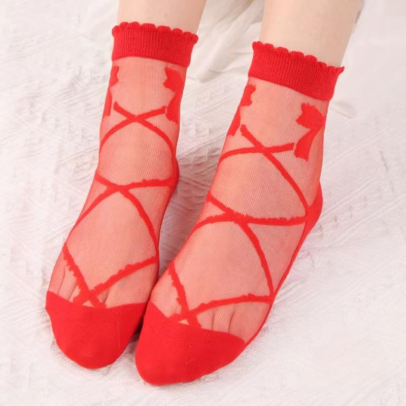 Women Sheer Mesh Glass Transparent Ankle Socks Lady Fashion Bowknot Knit Frill Trim Girls Spring Summer Short Socks